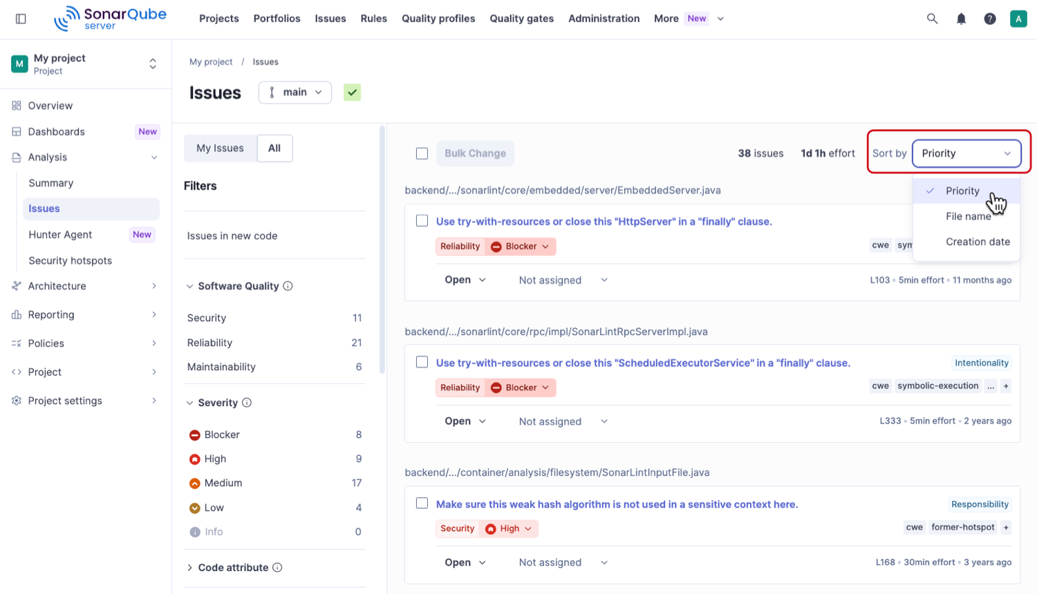 Issues page in SonarQube Server with the Sort by list open, showing the Priority, File name, and Creation date options above the issue results.