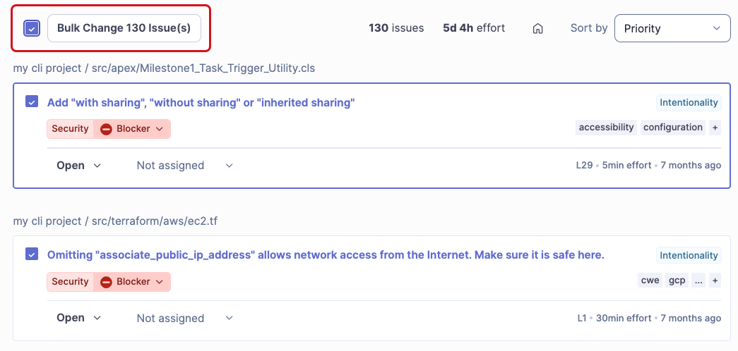 Issues page in SonarQube Server with all issues selected and the Bulk Change 130 Issue(s) button next to the select-all checkbox.