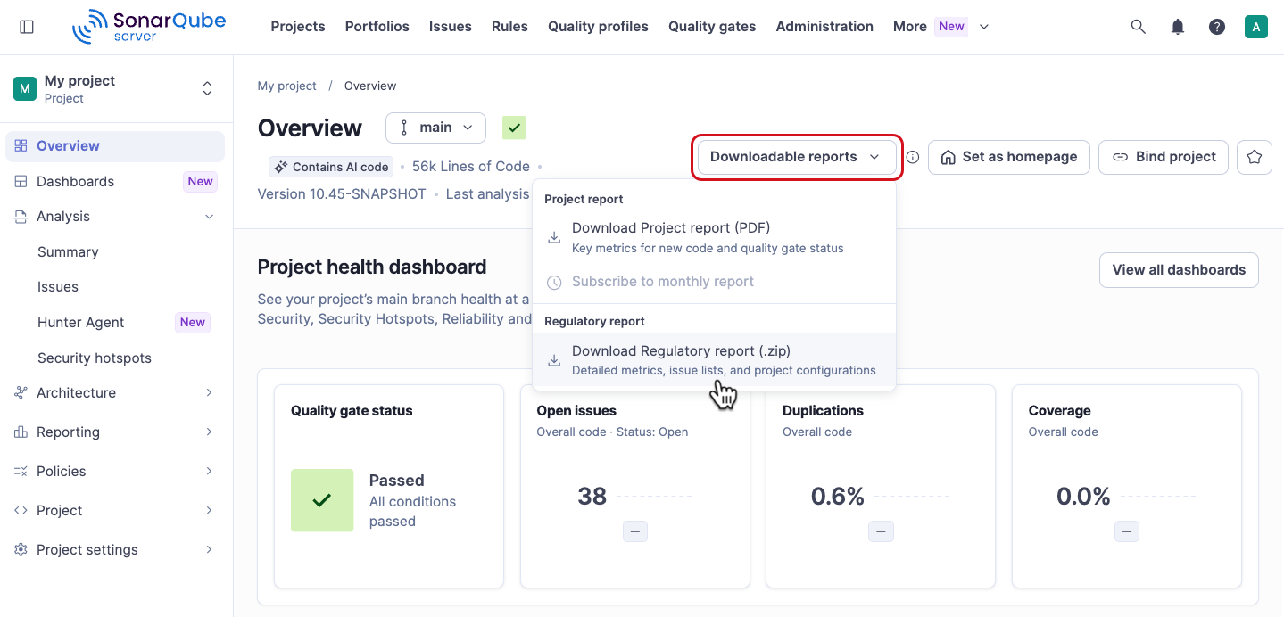 Overview page of a project in SonarQube Server with the Downloadable reports menu open and the Download Regulatory report (.zip) option selected.