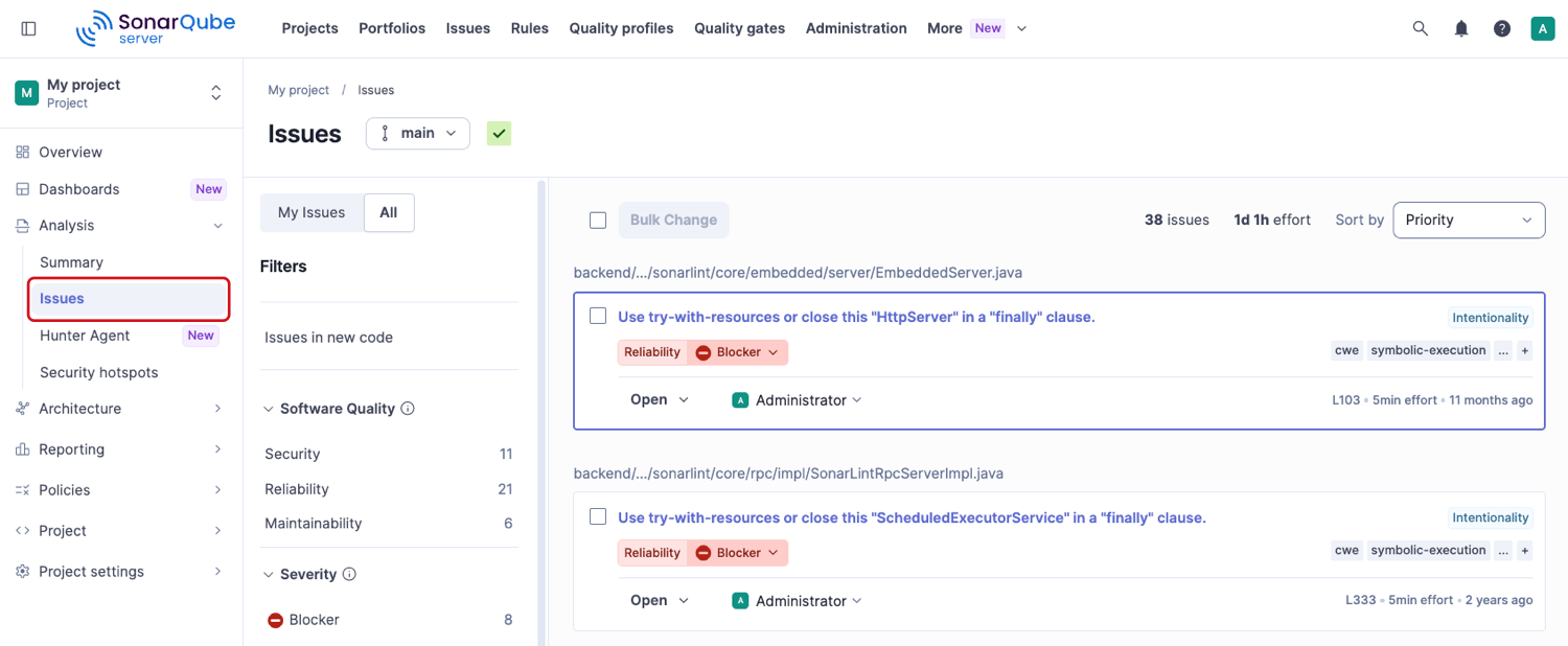 Issues page of a project in SonarQube Server opened from the side navigation, with the All toggle selected above the filters and the issue list.