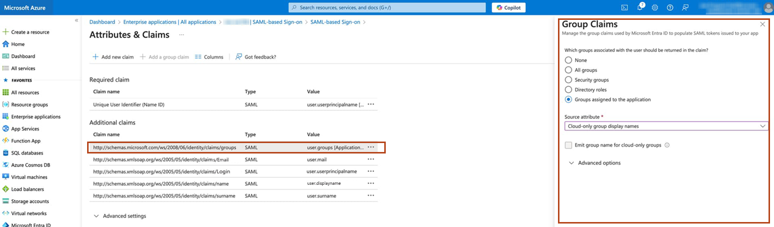 Microsoft Entra ID Attributes and Claims page with the Group Claims panel open and the groups claim highlighted