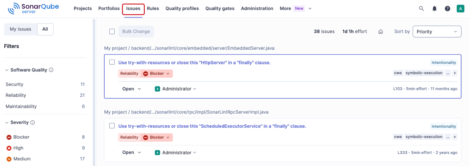 Issues page in SonarQube Server opened from the top navigation bar, with the My Issues and All toggle above the filters and the issue list.