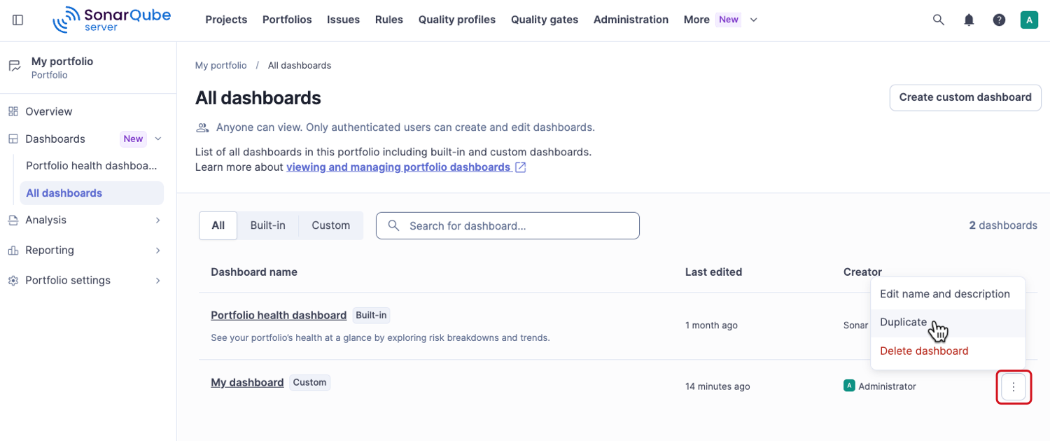 All dashboards page of a portfolio with the action menu open on a custom dashboard, showing Edit name and description, Duplicate, and Delete.