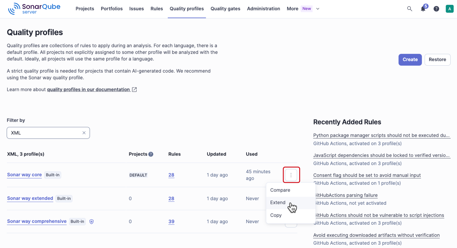 XML quality profiles list with the action menu of the built-in Sonar way core profile open and the Extend option selected.
