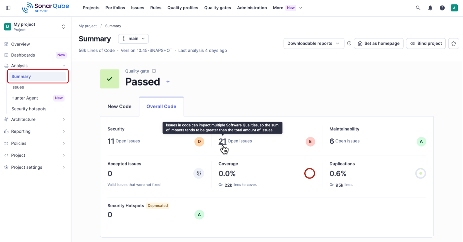 Summary page of a project in SonarQube Server showing the quality gate status and open issue counts for Security, Reliability, and Maintainability.
