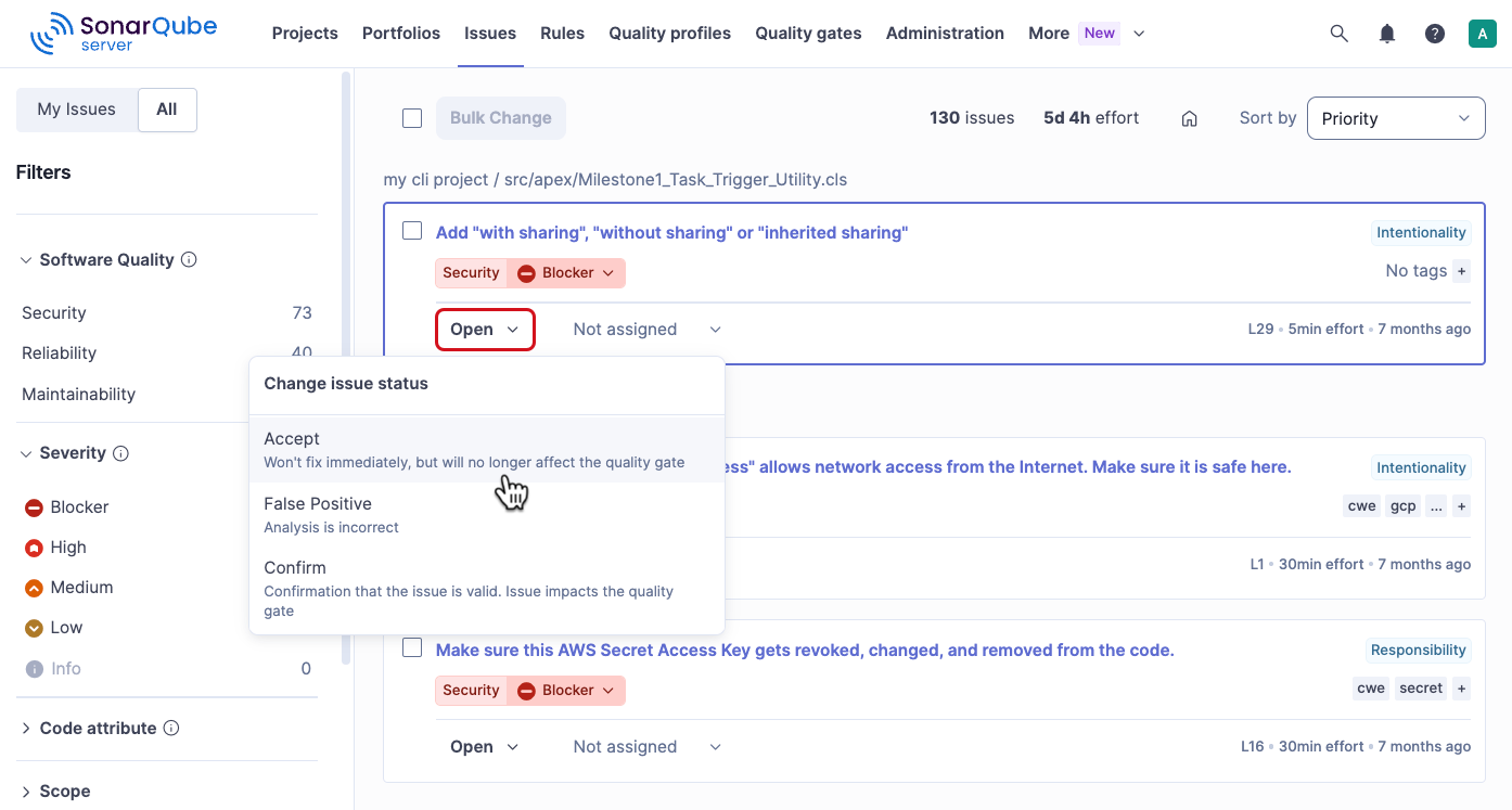 Issues page in SonarQube Server with the status menu of an issue open, showing the Accept, False Positive, and Confirm options.