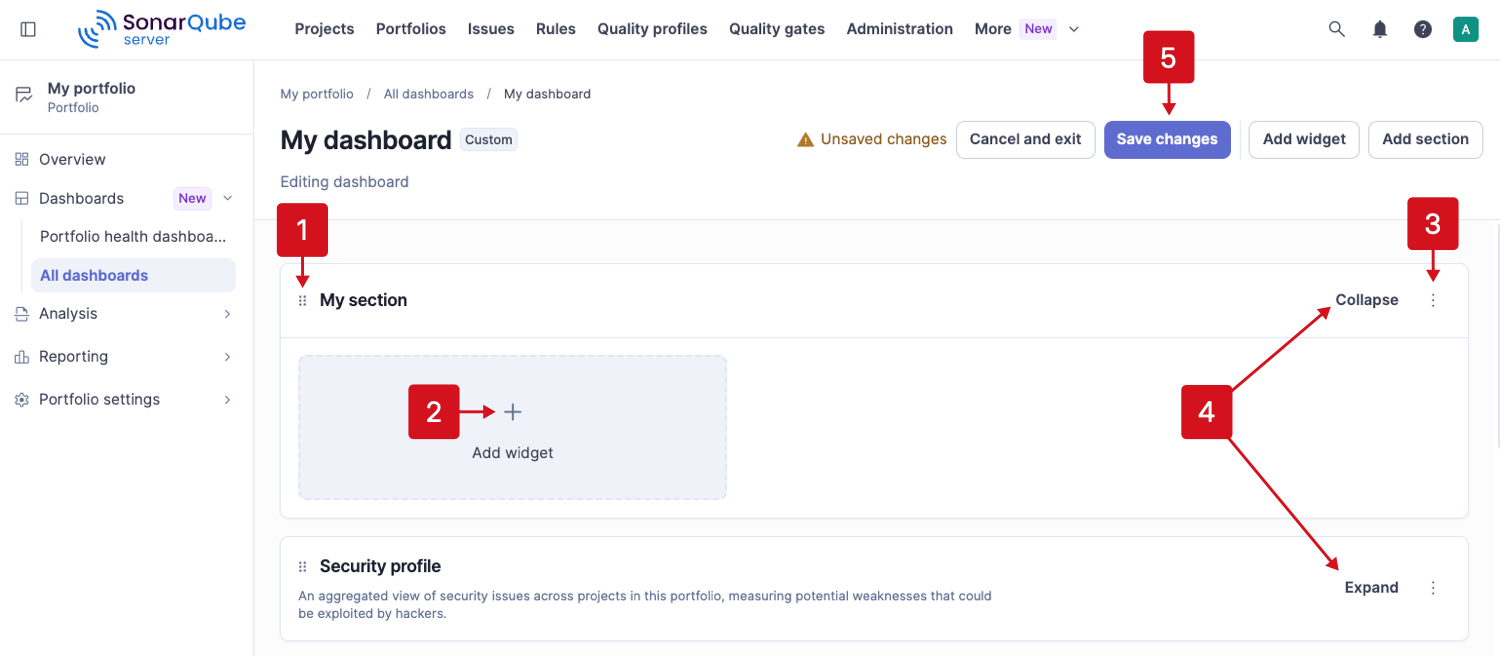 Custom portfolio dashboard in edit mode with one expanded section containing an empty widget slot and a collapsed section with a description.