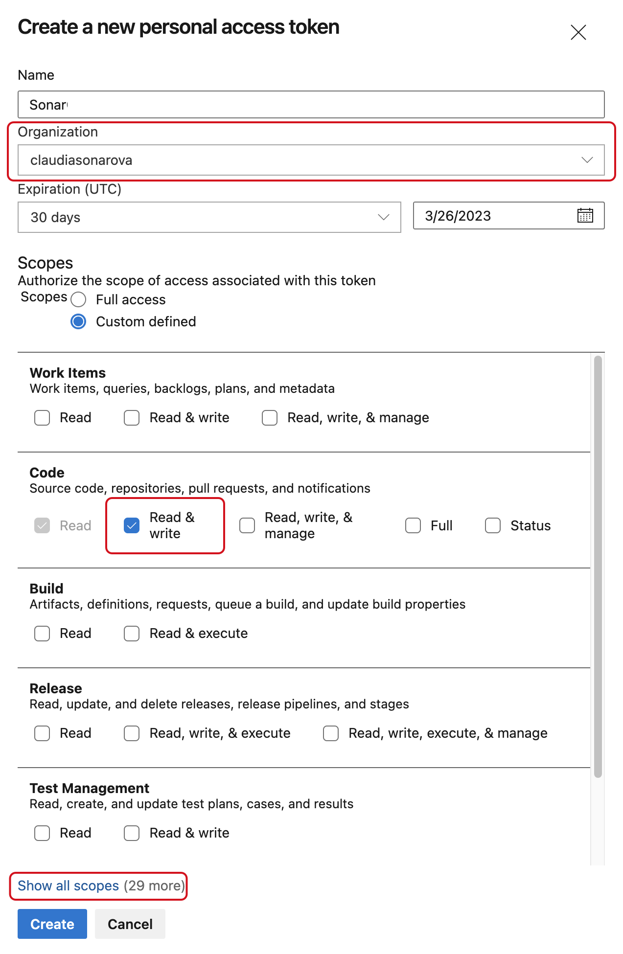The Create a new personal access token modal found in Azure DevOps.