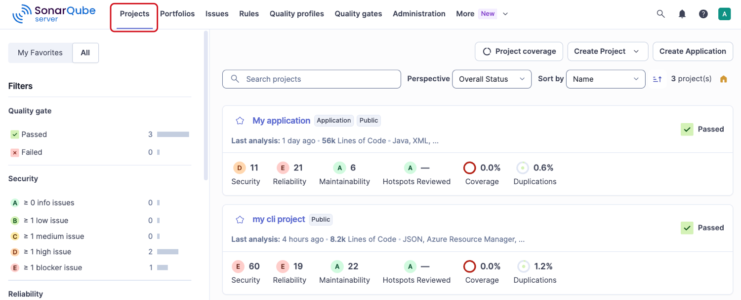 Projects page with My Favorites and All tabs, quality gate and security filters, and a list of an application and a project with their measures.