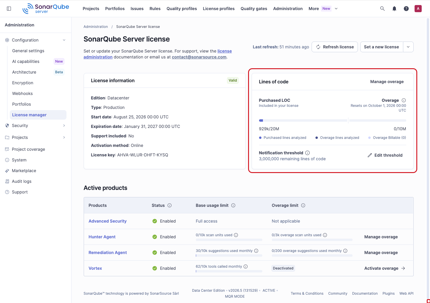 Lines of code displayed on the SonarQube license page