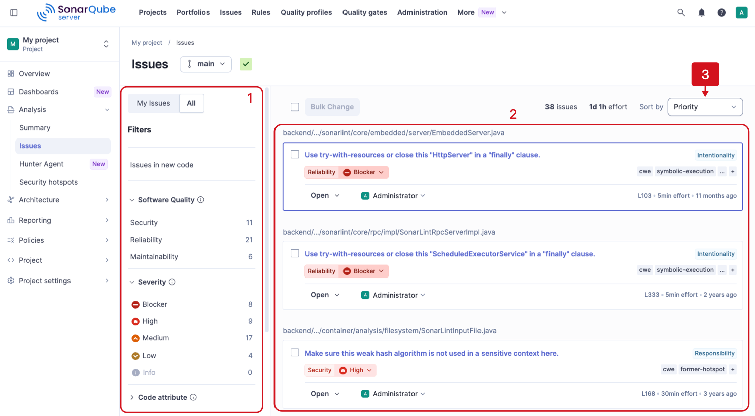 Issues page of a project in SonarQube Server with the filters panel, the issue results, and the Sort by list set to Priority.