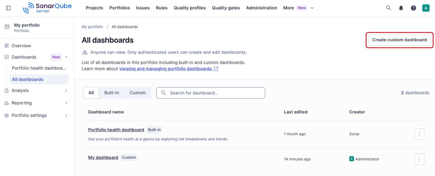All dashboards page of a portfolio listing a built-in and a custom dashboard, with the Create custom dashboard button in the page header.