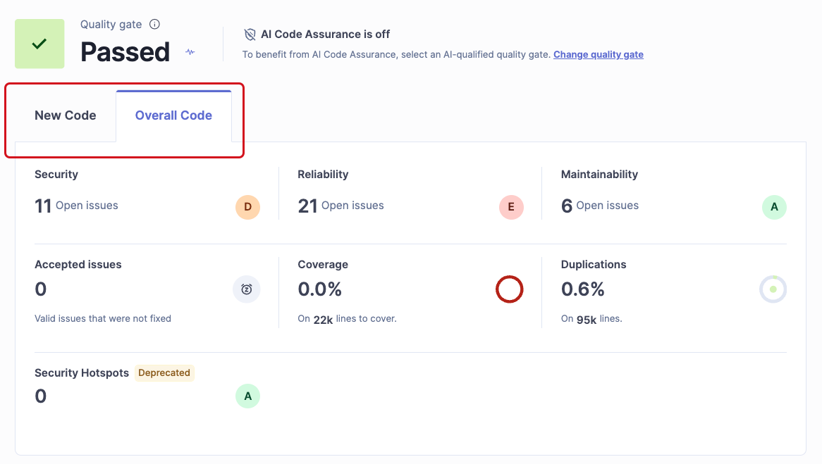 Summary page of a project in SonarQube Server with a passed quality gate and the Overall Code tab open, showing security, reliability, and maintainability issues.