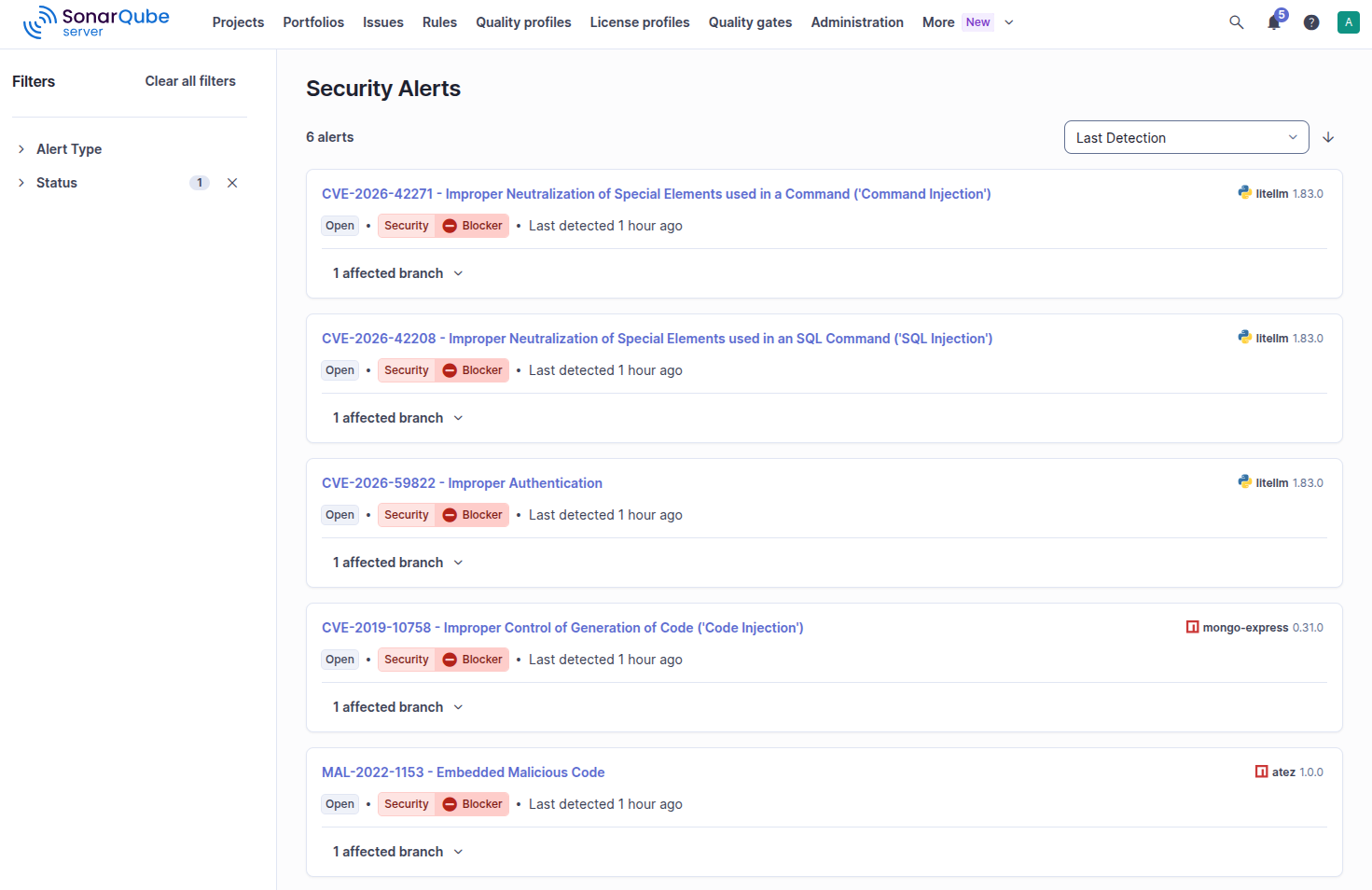 List of active security alerts