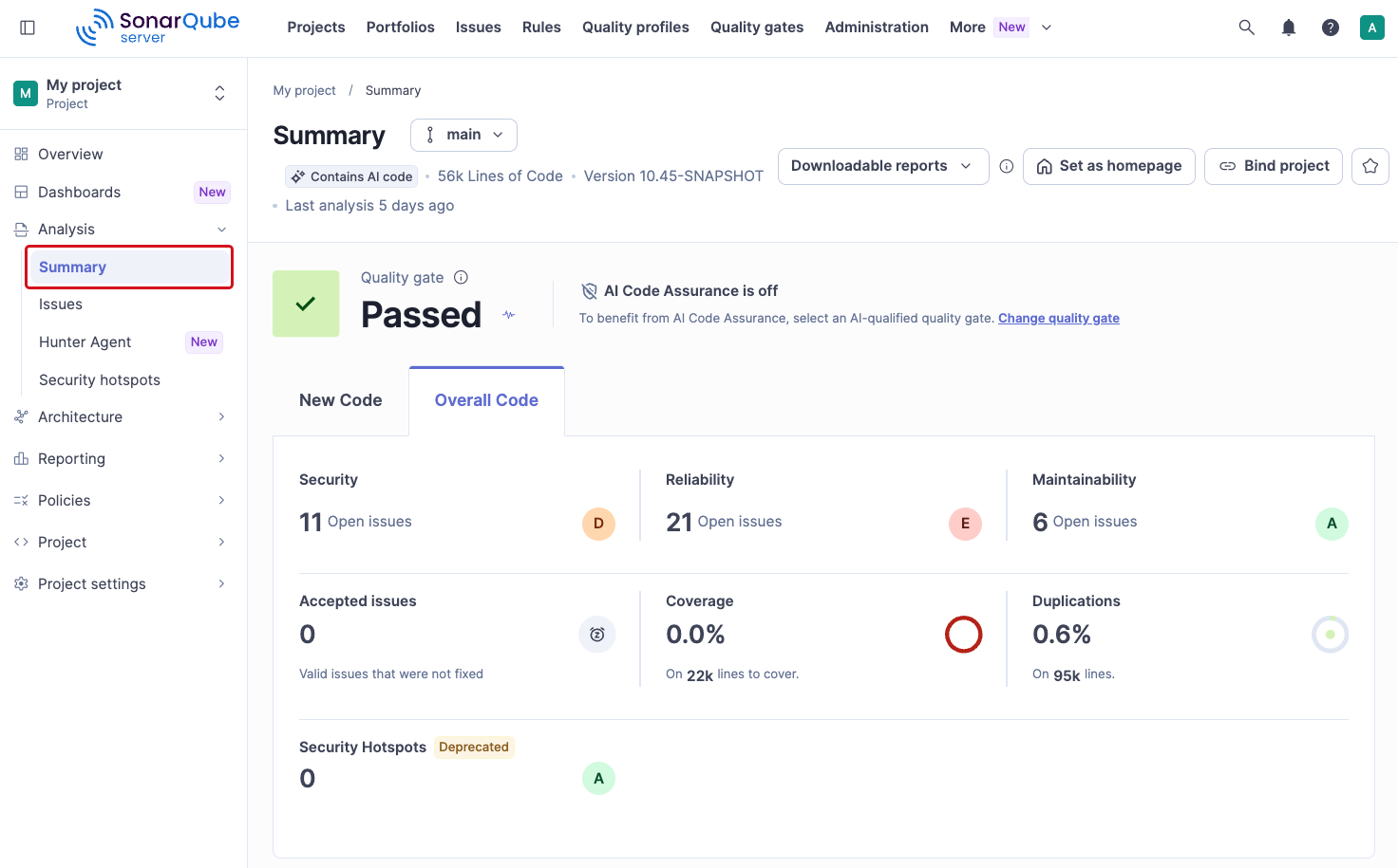 Summary page of a project in SonarQube Server with a passed quality gate, the New Code and Overall Code tabs, and issue counts per software quality.