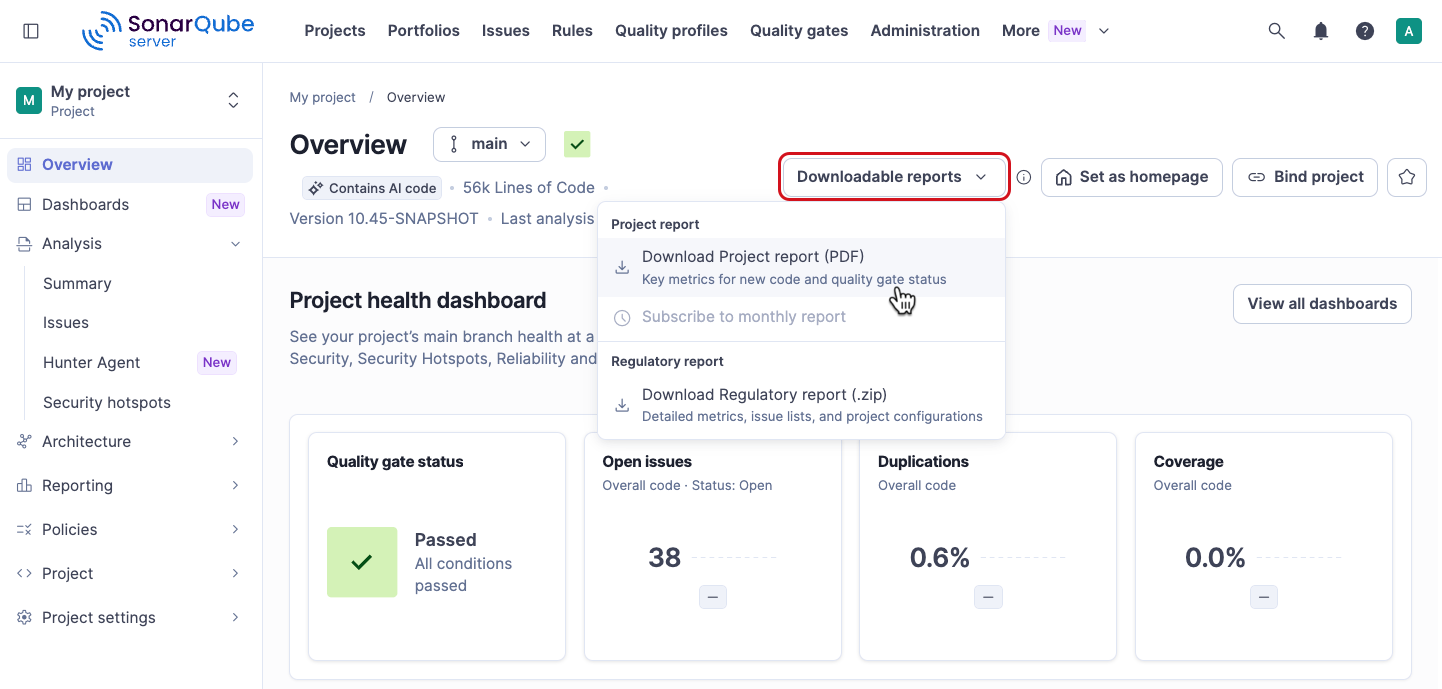 Overview page of a project in SonarQube Server with the Downloadable reports menu open, showing the project PDF report, monthly subscription, and regulatory report options.