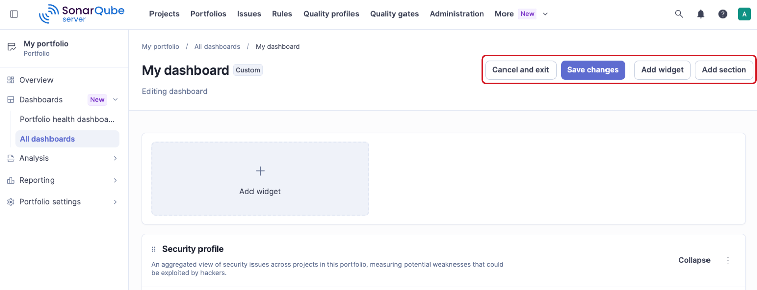 Custom portfolio dashboard in edit mode with the Cancel and exit, Save changes, Add widget, and Add section buttons, and an empty widget slot.